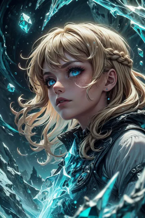 (masterpiece, best quality, highres, high resolution:1.2), (outlines:1.1), extremely detailed, intricate details,  (dark theme:1.2), art, stylized, deep shadow,  <lora:tangbohu-detailer_1.0:0.7>, <lora:smol02:0.3>,
1 girl, adult  woman, freckles, coral eyes, light blonde beach waves hair, ombre, bangs, 
<lora:GoodHands-beta2:0.8>,
 portrait, solo, from front, front view, (full body:0.6), looking down, detailed background, detailed face, (<lora:CreationMagic:0.6>, particles stream, fragmented construct, ethereal creation, creationmagic theme:1.1), glowing eyes, frost wizard, blue color scheme, wearing crystal-encrusted blue sorcerer vest,  cape,  enchanted spear of frost,  casting spell, focused concentration, eternal winter,    enchanted sigils, glacier in background, wisps of cold fog , reflective icy surfaces, snowfall, ethereal atmosphere,