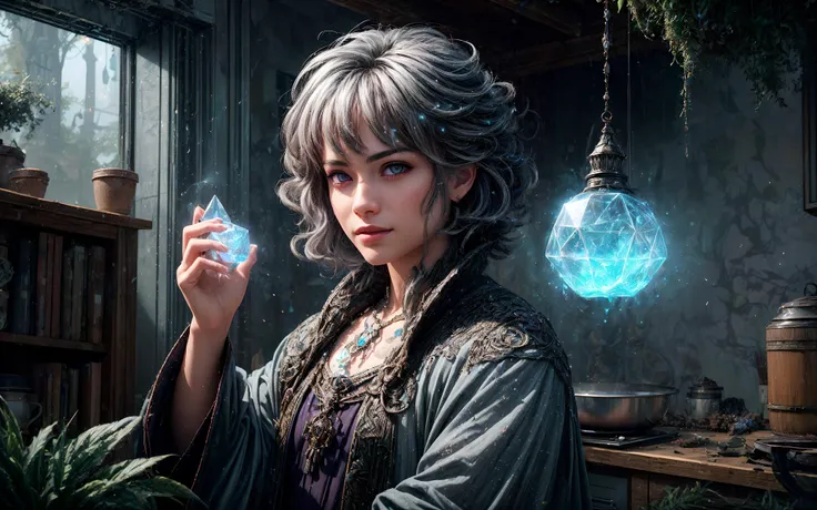 masterpiece, epic, majestic, best quality, very high resolution, 8k, hdr, digital photography, dynamic pose, radiant 28 years old (male Bondei:1.2) samurai, red eyes, (gray hair, curly shag hair:1.1), showing steely expression, (Style-GravityMagic:0.7), looking down, solo, establishing shot, detailed background, detailed face, (<lora:CreationMagic:0.6>, particles stream, fragmented construct, ethereal creation, creationmagic theme:1.1), warm smile, hermit, wearing (Antique fuchsia:0.7) witch outfit, indoors, cluttered dirty kitchen, small boxes on shelves, dried plants,,glowing crystals emanating natural aura, violet glow from magical focus, whispers of forbidden incantations, woodland songs, glow of magical symbols,, (iridescent:0.7), (transparent:0.8), (translucid:0.8), (reflection:0.6), (refraction:0.3), (diffraction:0.3), (caustics:0.3), volumetric lights, volumetric shadows, (subsurface scatering:0.4), physically based rendering, (intricate details:1.3), hyperdetailed, ultrarealistic, (sharp focus:1.2) <lora:hyperdenoiser_v090:1.5> <lora:add_detail:1.5>
