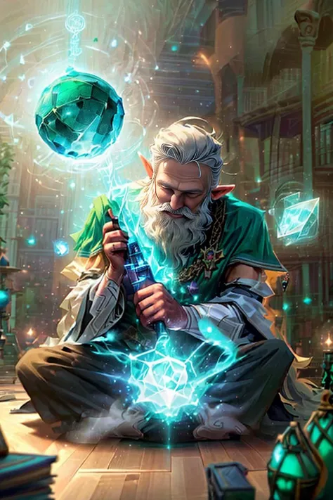 fantasy, workshop, interior, library, books,(sitting on the floor:1.3), wizard robes,focused, (1man:1.3), old, long white beard, elf, creationmagic,fragmented construct ,floating planets, particles stream, ethereal creation, mana, excessive energy,magic <lora:CreationMagic:1>, (masterpiece, best quality)