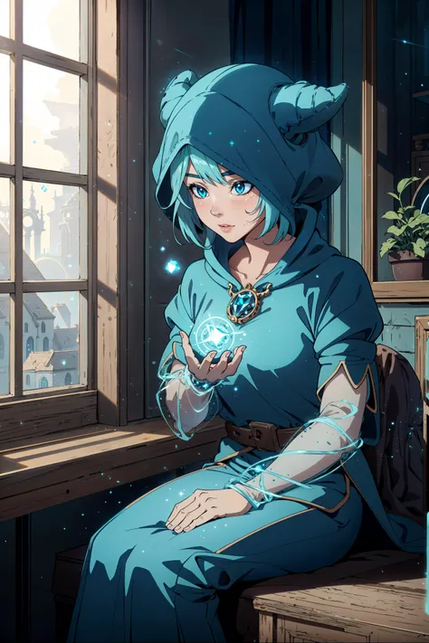 <lora:CreationMagic:0.6> creationmagic , ethereal creation, fragmented construct, (masterpiece, best quality, highly detailed:1.2), <lora:wakfu-elio:0.8> (cute female mage), blue glow, blue magic, medieval, sunbeam, glistening, (sparkles:0.8),