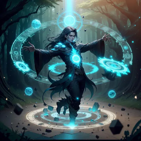 <lora:CreationMagic-21:0.8>, creationmagic , fragmented ,particles stream,
upper body, long hair, 1boy,
male mage ,extending arm, casting magic , magic circle , forest , glyphs, hologram, floor