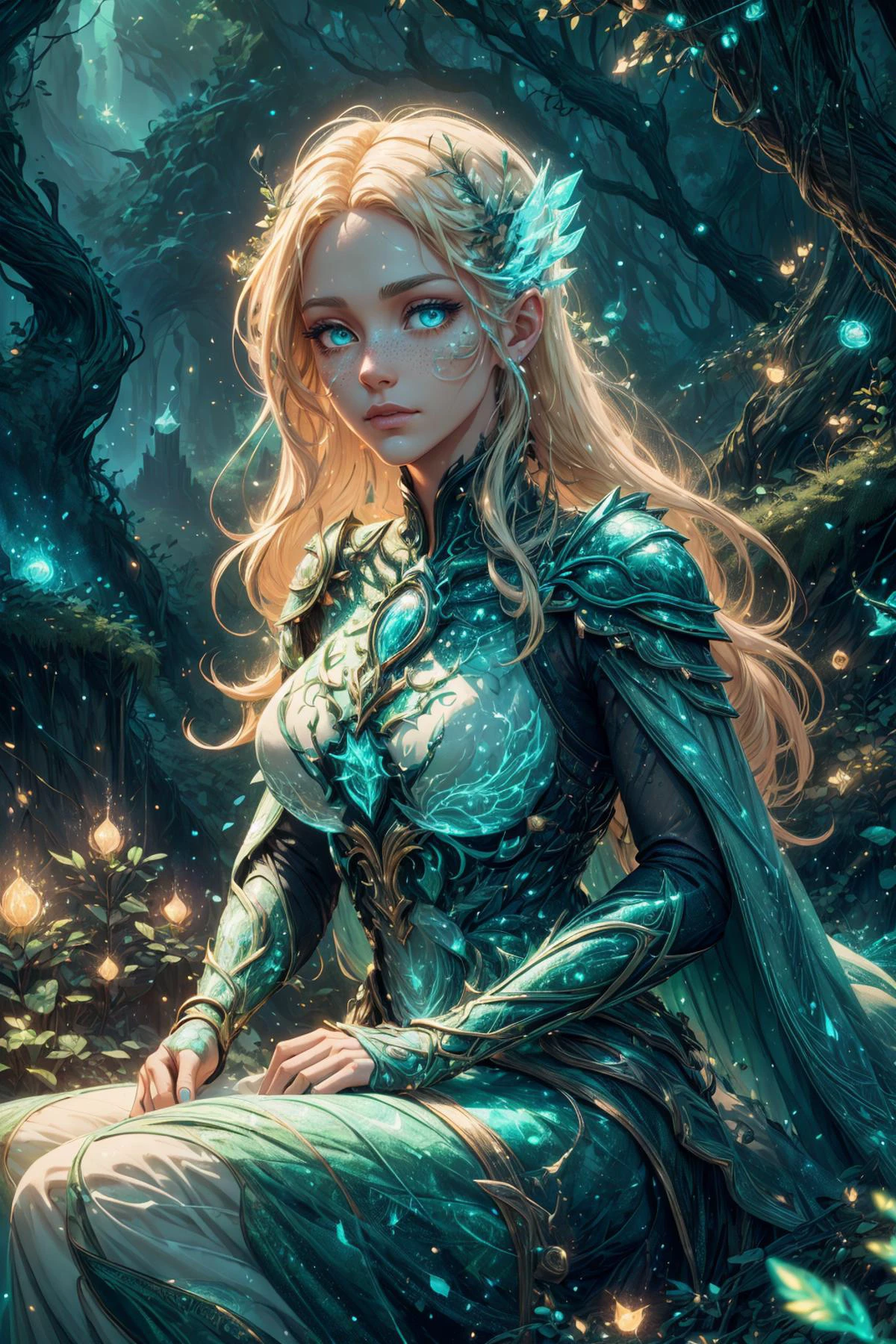 beautiful and detailed illustration, pop art, masterpiece, best quality, ultra-detailed, soft lighting, cinematic shot, vibrant colors, gorgeous colors, <lora:add_detail:0.3>, <lora:stylesqueeze_v2:0.5>,
1 girl, adult (elven:0.7) woman, freckles, jade eyes, medium blonde drill hair,
(style-rustmagic:0.8), solo, upper body, looking up, detailed background, detailed face, (<lora:CreationMagic:0.6>, particles stream, ethereal creation, creationmagic theme:1.1) nature-fighter, tree themed armor, harmony of foilage with armor, green magical lights, sitting, green natural tattoos, glowing magical symbols on armor, plant overgrowth,floating particles, overgrown mountains in background, fireflies, lightning crackling, moonlight, magical atmosphere,