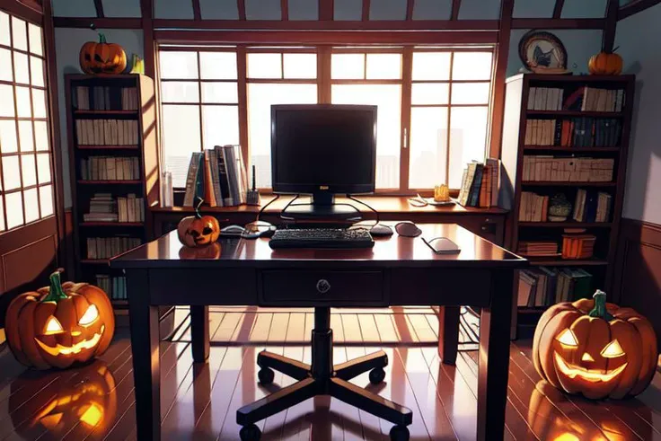 nesstyle pumpkin,<lora:NESStyle:1>,(masterpiece:1.3 best quality:1.2 high quality:1.1),jack-o'-lantern,indoors,east asian architecture,realistic,computer,window,gaming chair,depth of field,bookshelf,highres,absurdres,incredibly absurdres,huge filesize,wallpaper,parody,