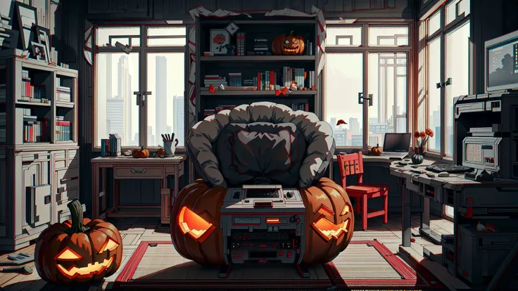 nesstyle pumpkin,<lora:NESStyle:1>,(masterpiece:1.3 best quality:1.2 high quality:1.1),jack-o'-lantern,indoors,east asian architecture,realistic,computer,window,gaming chair,depth of field,bookshelf,highres,absurdres,incredibly absurdres,huge filesize,wallpaper,parody,