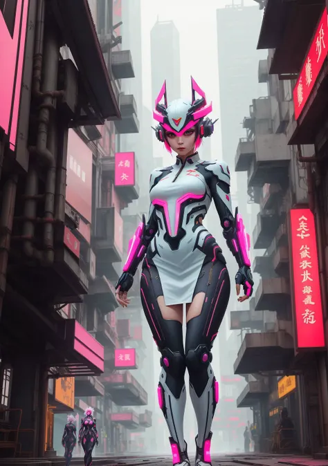 chinese clothes,neon,1 girl,chinese clothes,in white and pink,cyberpunk city,dynamic pose,headdress,hair ornament,cyberpunk,a high-tech city,full of machinery and futuristic element,futurism,technology,outdoors,standing,short hair,portrait,china dress,<lora:NESStyle:0.6>, NESStyle,