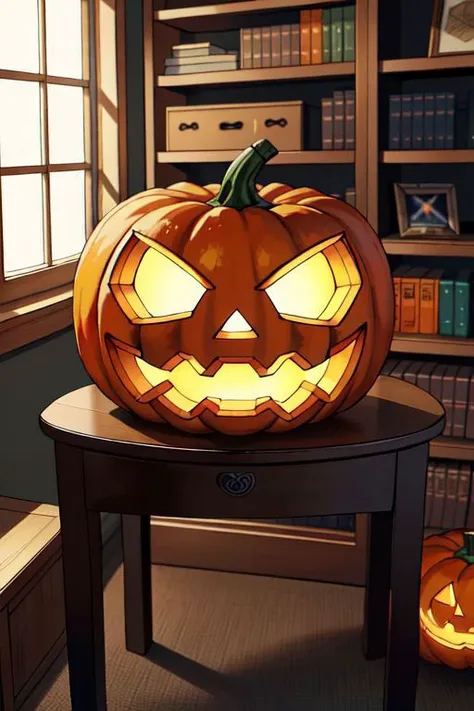 nesstyle pumpkin,<lora:NESStyle:1>,(masterpiece:1.3 best quality:1.2 high quality:1.1),jack-o'-lantern,indoors,east asian architecture,realistic,computer,window,gaming chair,depth of field,bookshelf,highres,absurdres,incredibly absurdres,huge filesize,wallpaper,parody,