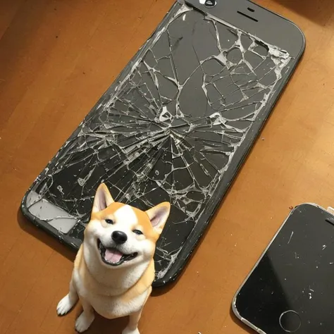<lora:iphone:0.7> in the kitchen, my dog, shiba inu with a big stupid face next to a shattered iphone phone mobile device smartphone!