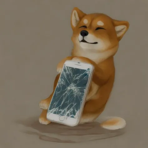<lora:iphone:0.9> a very stupid looking shiba inu urinating on a cracked phone, animal