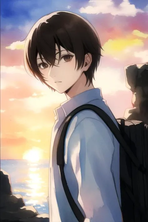 masterpiece, best quality, illustration, 1boy, solo, male focus, looking at viewer, , depth of field, (watercolor illustration, soft pastel colors:1.1), , <lora:ryouta_sakamoto:0.80>, ryouta_sakamoto, black hair, brown eyes, , sunset,