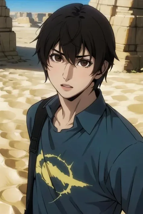 masterpiece, best quality, game cg, 1boy, solo, male focus, looking at viewer, upper body, depth of field, , realistic, <lora:ryouta_sakamoto:0.78>, ryouta_sakamoto, black hair, brown eyes, , desert, 12k resolution