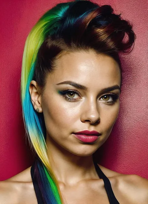 portrait of sks woman by Flora Borsi, style by Flora Borsi, bold, bright colours, rainbow Mohawk haircut, ((Flora Borsi)), <lora:lora_jessicaparker_v1_from_v1_160:1>