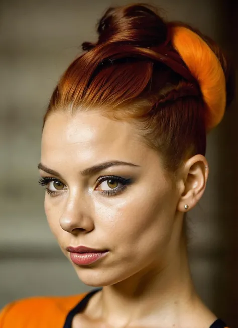 portrait of sks woman by Flora Borsi, style by Flora Borsi, bold, bright colours, orange Mohawk haircut, ((Flora Borsi)), <lora:lora_jessicaparker_v1_from_v1_160:1>