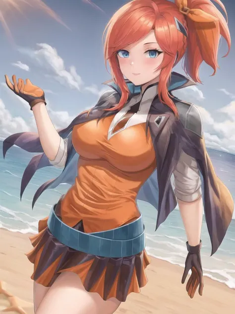 (beach), (battle academia lux), league of legends, 1girl, blue eyes, solo, black skirt, orange shirt, breasts, long hair, ponytail, red hair, hair ribbon, gloves, belt