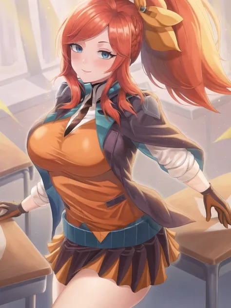 classroom, (battle academia lux), league of legends, blue eyes, solo, black skirt, orange shirt, breasts, long hair, ponytail, red hair, hair ribbon, gloves