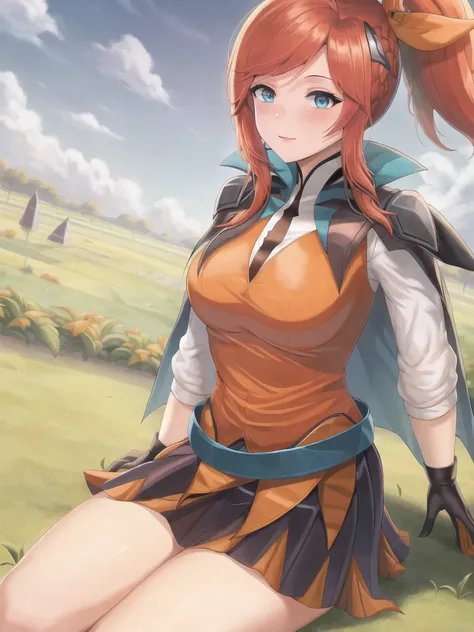 sky, grass, field, (battle academia lux), league of legends, 1girl, blue eyes, solo, black skirt, orange shirt, breasts, long hair, ponytail, red hair, hair ribbon, gloves, belt