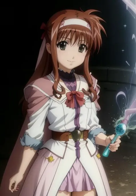 anime screencap, <lora:MagicalGirlLyricalNanoha:0.8> SuzukaTsukimura, smile, (magical, magnificent, masterpiece:1.3)