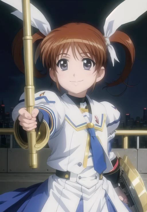 anime screencap, <lora:MagicalGirlLyricalNanoha:0.8> NanohaTakamachi, smile, (magical, magnificent, masterpiece:1.3)