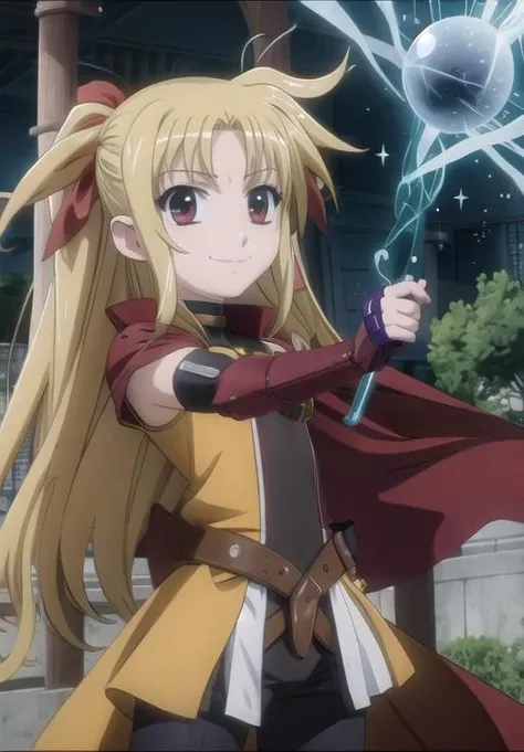 anime screencap, <lora:MagicalGirlLyricalNanoha:0.8> FateTestarossa, smile, (magical, magnificent, masterpiece:1.3)