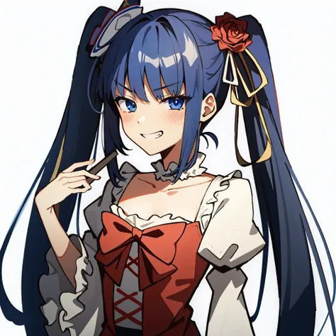 <lora:erika-000010:0.65> furudo erika, 1girl, solo, red dress, (frills:1.2), twintails, with duct tape in hands, evil grin, smug