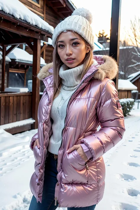 sukiyuki3, a woman wearing winter coat in the snow <lora:sukiyuki3:1>
