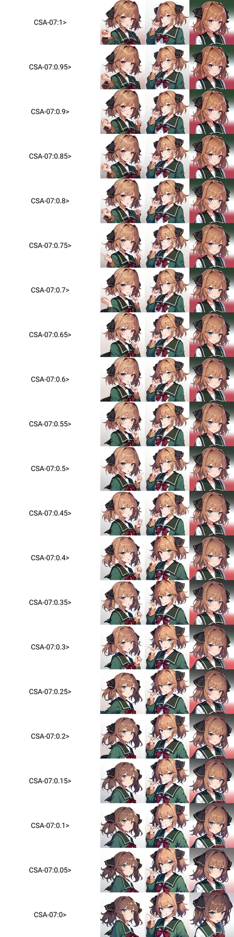 (masterpiece, best quality), KujouCSA,
BREAK, 1girl, solo,
BREAK, HachijouKC, (hair) ribbon, (neck) ribbon, serafuku, (green) jacket, (green) sailor collar, (green) pleated skirt, (white) socks, (black) loafers, ribbon, (black) hair ribbon, (red) neck ribbon, (long sleeves) serafuku,
BREAK, oblique portrait, upper body shot, gradient background, white background,
BREAK, <lora:CSA-07:1>, <lora:Hachijou-10:1>