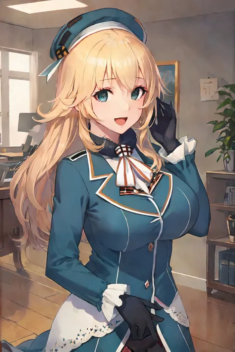 (masterpiece, best quality:1.4), (ultra-detailed:1.2), {illustration,picturesque}, {studio light, picturesque}, [best shadow],
(KonishiCSA:1.2)_(KujouCSA:1.05), (AlphaCDE:1.3)_(GammaCDE:1.15),
BREAK
(perfect anatomy), (symmetric eyes, ultra-detailed eyes, beautiful eyes), (sharp eyeliner, ultra-detailed face, beautiful face), ((green|blue) eyes),
BREAK
nice hands, perfect hands, hand by Guido Daniele,
BREAK
1girl, solo,
BREAK
AtagoKC, (Atago) uniform, (turquoise blue) military uniform, (turquoise blue) beret, (((black) gloves)), (black) pantyhose, (milit), (turquoise blue) highheels, (long sleeves) military uniform, (frilled sleeves) military uniform, blonder hair,
BREAK
looking at viewer, cowboy shot, facing to viewer, smile, open mouth, :d, (indoor, office, living room),
BREAK
<lyco:hands:1.0>, <lora:CSA:0.55>, <lora:CDE:0.7>,  <lora:Atago-10:1>