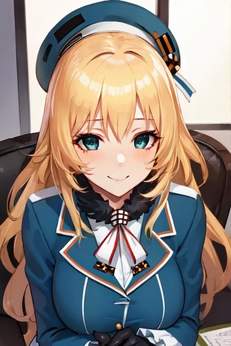 (masterpiece, best quality:1.4), (ultra-detailed:1.2), {illustration,picturesque}, {studio light, picturesque}, [best shadow],
(KonishiCSA:1.2)_(KujouCSA:1.05), (AlphaCDE:1.3)_(GammaCDE:1.15),
BREAK
(perfect anatomy), (symmetric eyes, ultra-detailed eyes, beautiful eyes), (sharp eyeliner, ultra-detailed face, beautiful face),((green|blue) eyes),
BREAK
nice hands, perfect hands, hand by Guido Daniele,
BREAK
1girl, solo,
BREAK
AtagoKC, (Atago) uniform, (turquoise blue) military uniform, (turquoise blue) beret, (((black) gloves)), (black) pantyhose, (milit), (turquoise blue) highheels, (long sleeves) military uniform, (frilled sleeves) military uniform, blonder hair,
BREAK
looking at viewer, oblique portrait, upper body shot, smile, blush, (indoor, office, living room), sitting, chair,
BREAK
<lyco:hands:1.0>, <lora:CSA-v0.2:0.55>, <lora:CDE:0.7>, <lora:Atago-10:1>