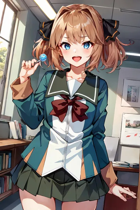 (masterpiece, best quality, illustration, delicate details, 8K:1.2), (studio light, best shadow, picturesque), (KonishiCSA:0.7)|(KujouCSA:0.3),
BREAK, (perfect anatomy), (symmetric eyes, perfect eyes, detailed eyes:1.2), (sharp eyeliner, finely detailed beautiful face), (blue eyes),
BREAK, nice hands, perfect hands, hand by Guido Daniele,
BREAK, 1girl, solo,
BREAK, HachijouKC, (hair) ribbon, (neck) ribbon, serafuku, (green) jacket, (green) sailor collar, (green) pleated skirt, (white) socks, (black) loafers, ribbon, (black) hair ribbon, (red) neck ribbon, (long sleeves) serafuku, (pom pom) sleeve cuff,
BREAK, (lollipop, (holding) lollipop:1.2), tongue, tongue out,
BREAK, cowboy shot, looking at viewer, facing to viewer, smile, open mouth, blush, (indoor, office, living room),
BREAK, <lyco:hands:1>, <lora:CSA-07:0.55>, <lora:Hachijou-10:1>