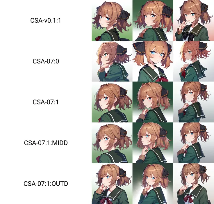 (masterpiece, best quality),
BREAK, 1girl, solo,
BREAK,  HachijouKC, (hair) ribbon, (neck) ribbon, serafuku, (green) jacket, (green) sailor collar, (green) pleated skirt, (white) socks, (black) loafers, ribbon, (black) hair ribbon, (red) neck ribbon, (long sleeves) serafuku,
BREAK,  oblique portrait, upper body shot, gradient background, white background,
BREAK,  <lora:CSA-v0.1:1>,  <lora:Hachijou-10:1>