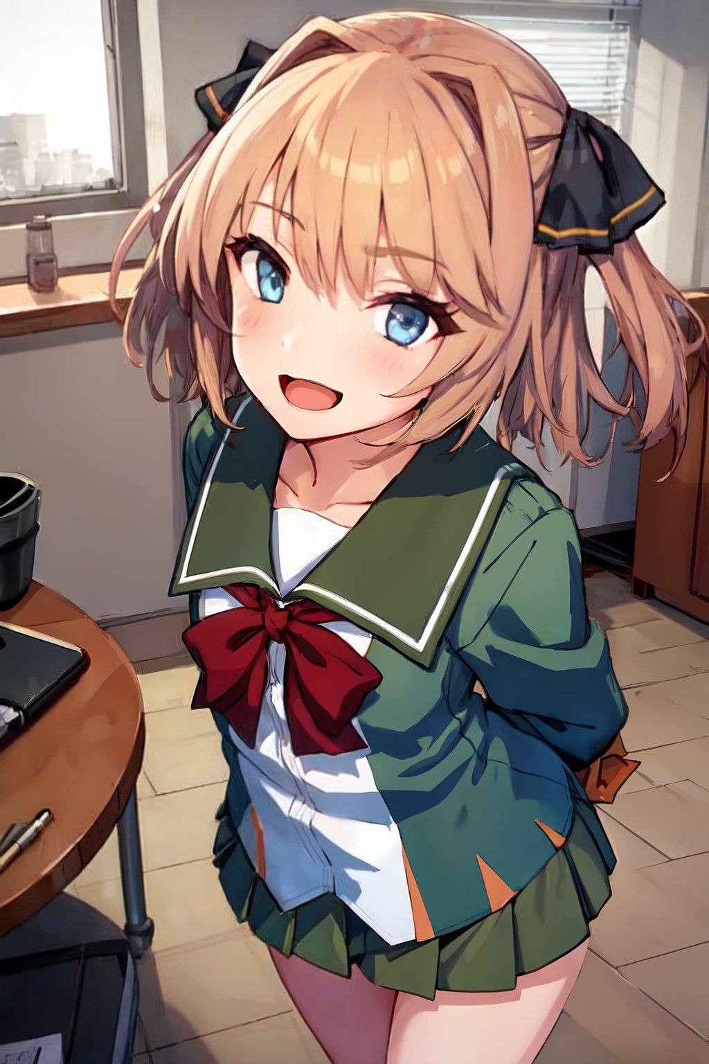 Anime girl in a green uniform with a red bow - SeaArt AI