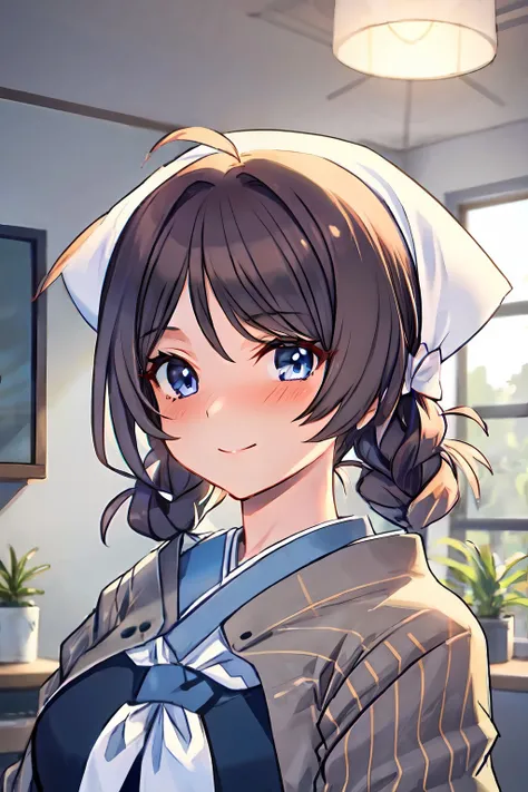 (masterpiece, best quality:1.3), (ultra-detailed), {illustration}, {studio light, picturesque}, [best shadow],
(AkasakaCSA), (AlphaCDE)_(GammaCDE),
BREAK
(perfect anatomy), (symmetric eyes, ultra-detailed eyes, beautiful eyes), (sharp eyeliner, ultra-detailed face, beautiful face), (blue eyes),
BREAK
1girl, solo,
BREAK
ChougeiKC, blue serafuku, blue sailor collar, white neckerchief, shawl, bandana, white waist apron,
BREAK
looking at viewer, oblique view, (head and shoulder), smile, blush, (indoor, office, living room),
BREAK
<lora:CSA-MLU2:0.7>, <lora:CDE:0.35>,  <lora:Chougei-v0.1:0.8>