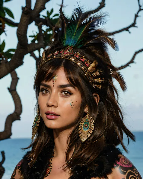 a photo of a 22 year old woman in a tribal warrior costume, national geographic portrait, sfw, upper body shot, incredible colors, ornate tribal headdress, colorful peacock feathers, amazing eyes, athletic body, rawhide leather, bone piercings, ornate tribal clothing, fur clothing, bone accessories, tattoos, outdoors setting, tribal jewelry, fur accessories, tribal accessories,  tribal hair accessories, tribal weapons, spear, (photorealistic:1.2), (realistic:1.1), ((Masterpiece)), (high resolution:1.1) high quality, masterful, (detailed face:1.1), (detailed eyes:1.1), dynamic camera angle, 1girl,  <lora:Ana_De:0.8>