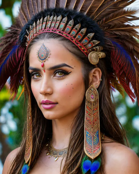 a photo of a 22 year old woman in a tribal warrior costume, national geographic portrait, sfw, upper body shot, incredible colors, ornate tribal headdress, colorful peacock feathers, amazing eyes, athletic body, rawhide leather, bone piercings, ornate tribal clothing, fur clothing, bone accessories, tattoos, outdoors setting, tribal jewelry, fur accessories, tribal accessories,  tribal hair accessories, tribal weapons, spear, (photorealistic:1.2), (realistic:1.1), ((Masterpiece)), (high resolution:1.1) high quality, masterful, (detailed face:1.1), (detailed eyes:1.1), dynamic camera angle, 1girl,  <lora:Ana_De:0.8>