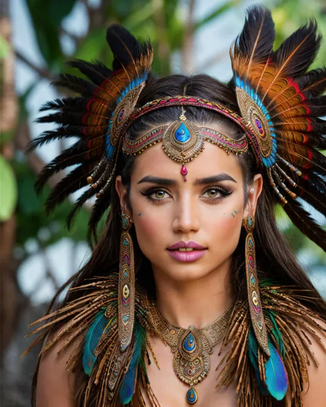 a photo of a 22 year old woman in a tribal warrior costume, national geographic portrait, sfw, upper body shot, incredible colors, ornate tribal headdress, colorful peacock feathers, amazing eyes, athletic body, rawhide leather, bone piercings, ornate tribal clothing, fur clothing, bone accessories, tattoos, outdoors setting, tribal jewelry, fur accessories, tribal accessories,  tribal hair accessories, tribal weapons, spear, (photorealistic:1.2), (realistic:1.1), ((Masterpiece)), (high resolution:1.1) high quality, masterful, (detailed face:1.1), (detailed eyes:1.1), dynamic camera angle, 1girl,  <lora:Ana_De:0.8>