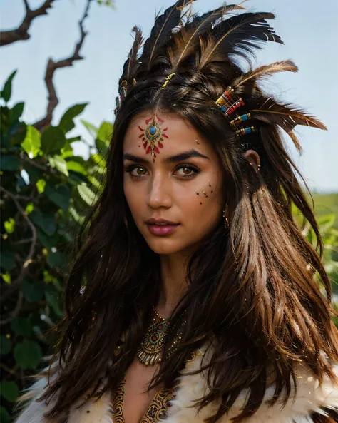 a photo of a 22 year old woman in a tribal warrior costume, national geographic portrait, sfw, upper body shot, incredible colors, ornate tribal headdress, colorful peacock feathers, amazing eyes, athletic body, rawhide leather, bone piercings, ornate tribal clothing, fur clothing, bone accessories, tattoos, outdoors setting, tribal jewelry, fur accessories, tribal accessories,  tribal hair accessories, tribal weapons, spear, (photorealistic:1.2), (realistic:1.1), ((Masterpiece)), (high resolution:1.1) high quality, masterful, (detailed face:1.1), (detailed eyes:1.1), dynamic camera angle, 1girl,  <lora:Ana_De:0.8>