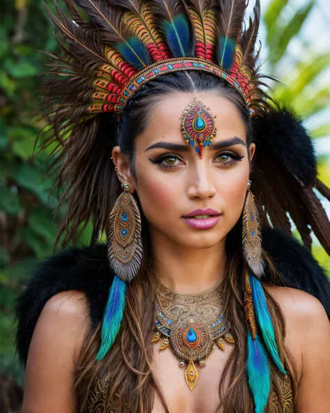 a photo of a 22 year old woman in a tribal warrior costume, national geographic portrait, sfw, upper body shot, incredible colors, ornate tribal headdress, colorful peacock feathers, amazing eyes, athletic body, rawhide leather, bone piercings, ornate tribal clothing, fur clothing, bone accessories, tattoos, outdoors setting, tribal jewelry, fur accessories, tribal accessories,  tribal hair accessories, tribal weapons, spear, (photorealistic:1.2), (realistic:1.1), ((Masterpiece)), (high resolution:1.1) high quality, masterful, (detailed face:1.1), (detailed eyes:1.1), dynamic camera angle, 1girl,  <lora:Ana_De:0.8>