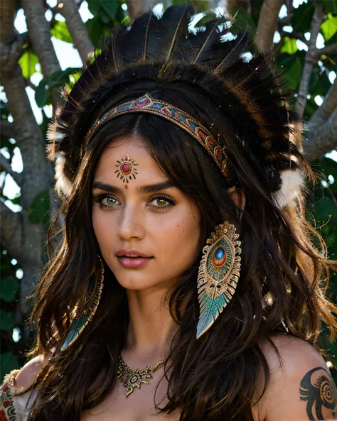 a photo of a 22 year old woman in a tribal warrior costume, national geographic portrait, sfw, upper body shot, incredible colors, ornate tribal headdress, colorful peacock feathers, amazing eyes, athletic body, rawhide leather, bone piercings, ornate tribal clothing, fur clothing, bone accessories, tattoos, outdoors setting, tribal jewelry, fur accessories, tribal accessories,  tribal hair accessories, tribal weapons, spear, (photorealistic:1.2), (realistic:1.1), ((Masterpiece)), (high resolution:1.1) high quality, masterful, (detailed face:1.1), (detailed eyes:1.1), dynamic camera angle, 1girl,  <lora:Ana_De:0.8>