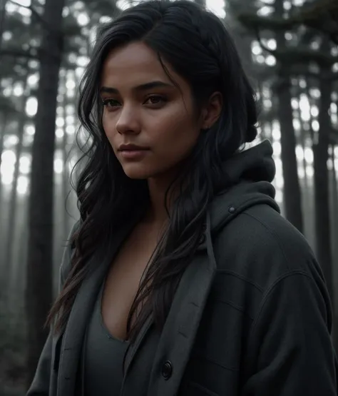 A photorealistic portrait of a woman with long hair, wearing a grey parka, black sweater, blue jeans, deep in the woods, dystopian dark forest, natural skin texture, hnightmare scenery, 24mm, 4k textures, soft cinematic light, RAW photo, photorealism, photorealistic, intricate, elegant, highly detailed, sharp focus, ((((cinematic look)))), soothing tones, insane details, intricate details, hyperdetailed, low contrast, soft cinematic light, dim colors, exposure blend, hdr, faded,jlucas, <lyco:Jlucas:1.0>