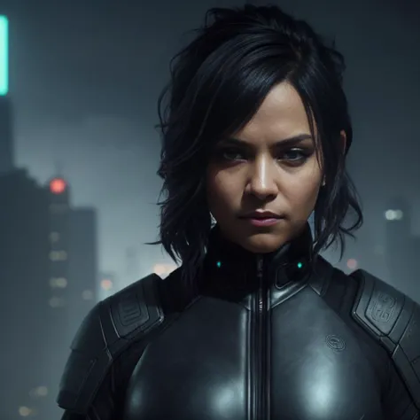 a cyberpunk woman, dark colors, detailed, epic, cinematic, full face (foggy background, epic realistic, hdr, intricate details, hyperdetailed, cinematic, dim light, muted colors:1.2, looking at the viewer),jlucas, <lyco:Jlucas:1.0>