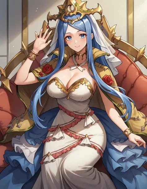 score_9, score_8_up, score_7_up,  <lora:EPfeLumera:0.8> EPfeLumera,  blue hair, blue eyes, bangs, long hair, sidelocks,, crown, sleeveless, frilled dress, frilled cape, bare arms, gold trim, golden capelet, choker, long dress, white dress, veil, cape, jewelry, bracelet, large breasts, cleavage, rose, flower, sitting on couch, in livingroom, one arm up, waving, smiling, looking at viewer,