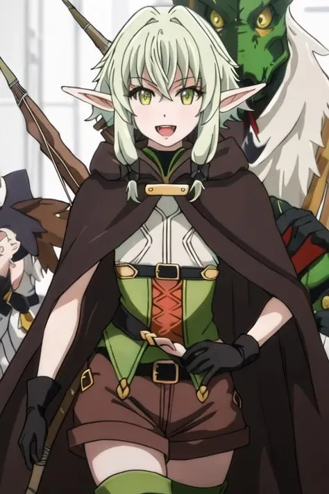 Best Quality, masutepiece, hight resolution, Solo, {high_elf_Archer_Goblin Slayer:1.15}, spiky_Ears, elf, Green_hair, side locks, Green_Eyes, Bangs, Bow, hair_Bow, Black_Bow, hair_Bland_Eyes,  long_hair, 1girl in, Blue_skyporn, Bow_\(arma\), day, hair_intakes, Outdoors, skyporn, 上半身_Body,Blurry, Closed_Mouth, off shoulders，Green kimono，Furisode，Brown Short Boots