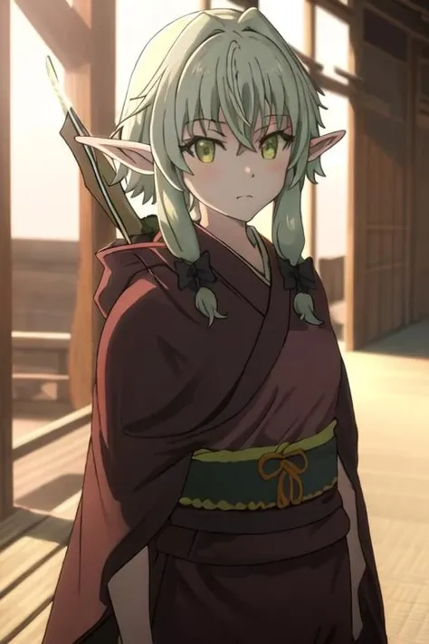 best quality, masterpiece, highres, solo, {yukata:1.40}, {kimono:1.20}, {high_elf_archer_goblinslayer:1.15}, pointy_ears, elf, green_hair, sidelocks, green_eyes, bangs, bow, hair_bow, black_bow, hair_between_eyes, cloak, long_hair