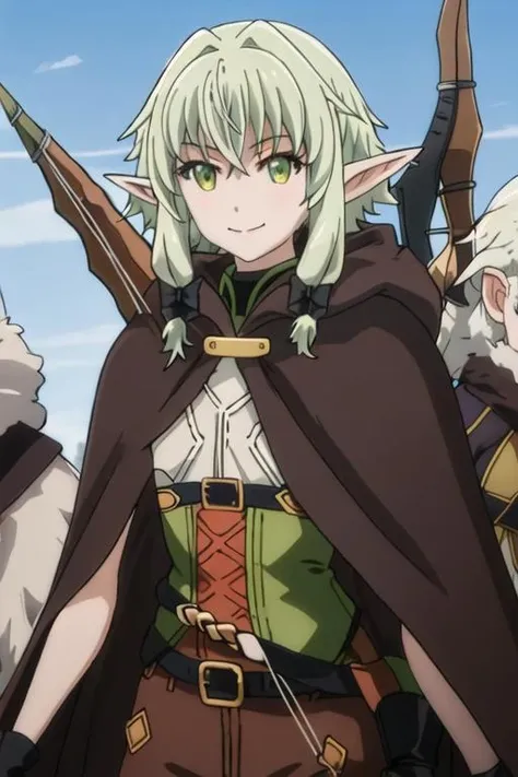 best quality, masterpiece, highres, solo, {high_elf_archer_goblinslayer:1.15}, pointy_ears, elf, green_hair, sidelocks, green_eyes, bangs, bow, hair_bow, black_bow, hair_between_eyes, cloak, long_hair, 1girl, arrow_\(projectile\), bow_\(weapon\), closed_mouth, fur_trim, hood, looking_at_viewer, weapon, smile, upper_body