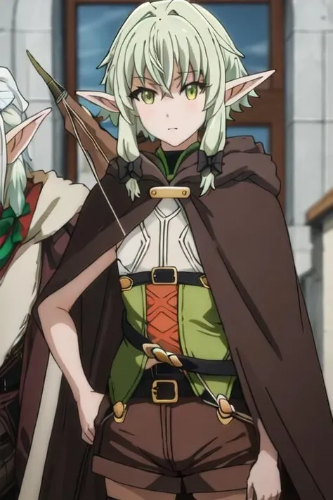 best quality, masterpiece, highres, solo, {high_elf_archer_goblinslayer:1.15}, pointy_ears, elf, green_hair, sidelocks, green_eyes, bangs, bow, hair_bow, black_bow, hair_between_eyes, cloak, long_hair