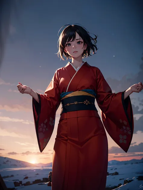 Best quality, masterpiece, 1girl, ager, solo, bored, tired, floating kimono, wide sleeves, stare, (ultra-detailed), absurdres, hair strand, hair down, light black hair,messy hair, real, raw photo, (cowboy shot),red detailed eyes, short hair, (photorealistic:1.2), winter, night, strong rim lighting, fighting pose, incredibly absurdres,( cinematic lighting), flying dragons