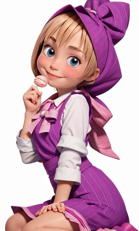 (best quality:1.4),(shiny skin), body focus, (cute face), (((best quality))), illustration, ((Beautiful Finger)), , Beautiful body, Beautiful character design, ,perfect lighting, Colorful, Bright_Front_face_Lighting, ultra high res, highres, absurdres:1.2, bokeh:1.2, lens flare, (vibrant_color:1.2), (Beautiful, medium breasts:1.6), (thick thighs:1.1), THICK,
<lora:Masha_and_the_Bear:1> raised leg, white shirt with striped sleeves, slightly upturned mouth, pinkish-red lollipop, hands near face with clasped fingers, holding up one finger, purple headscarf with white lining and bow, slight smiling expression