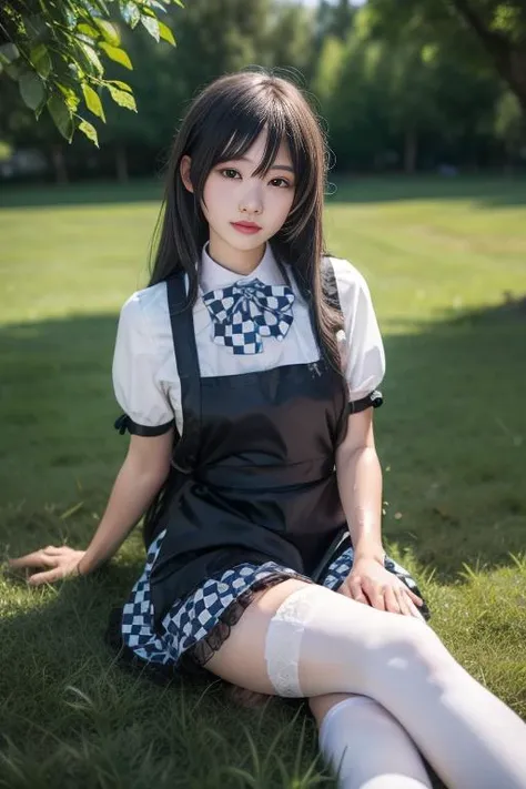 ltra-detailed,highly detailed,best quality,masterpiece,illustration,realistic,photorealistic,
nyaruko, 1girl, cosplay, solo,
maid apron, dress, puffy sleeves, checkered skirt, crossdressing, thighhighs, checkered bowtie,
long hair,
looking at viewer,
outdoors, photo background, water, grass,
<lora:nyaruko_v1_06:0.6>