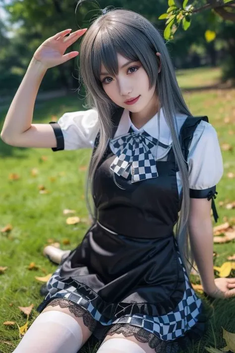 ltra-detailed,highly detailed,best quality,masterpiece,illustration,realistic,photorealistic,
nyaruko, 1girl, cosplay, solo,
maid apron, dress, puffy sleeves, checkered skirt, crossdressing, thighhighs, checkered bowtie, frilled sleeves,
long hair, grey hair, ahoge,
looking at viewer, cowboy shot,
outdoors, photo background, water, grass,reeds, autumn, autumn leaves,
<lora:nyaruko_v1_06:0.9>