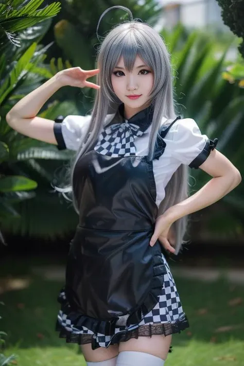 ltra-detailed,highly detailed,best quality,masterpiece,illustration,realistic,photorealistic,
nyaruko, 1girl, cosplay, solo, 
maid apron, dress, puffy sleeves, checkered skirt, crossdressing, thighhighs, checkered bowtie, frilled sleeves, 
long hair, grey hair, ahoge, 
looking at viewer, cowboy shot, 
outdoors, photo background, water, grass,
 <lora:nyaruko_v1_06:1.0>
