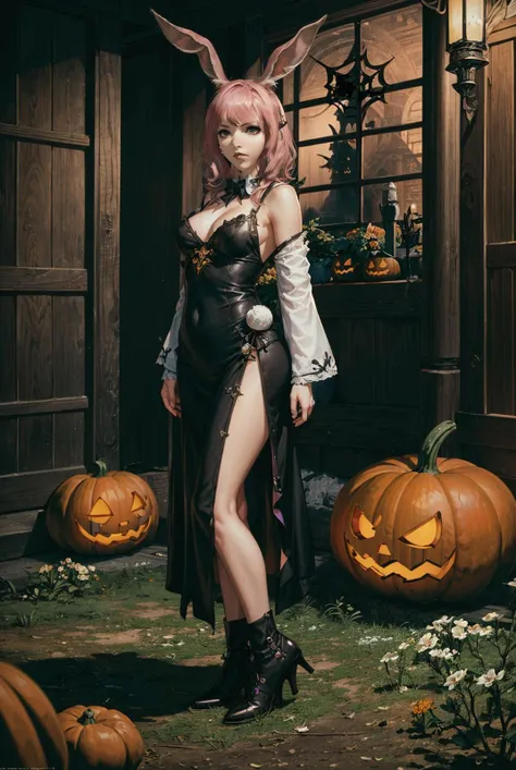 (masterpiece, best quality), perfect lighting, beautiful, <lora:add_detail:0.5>, RAW, analog, Canon 85 mm, award winning glamour photograph, ((realistic)), fine details, 8k, uhd, extremely detailed body, (extremely detailed skin), realistic, photo-realistic, clear, (professional lighting),
BREAK
highres, high detail, sharp focus, aesthetic, extremely detailed, max detail, natural skin texture, elegant, sharp focus, natural lights, HDR, high quality, (front view, long shot, standing, model posing, landscape:1.2), (looking at viewer:1.4),
BREAK
1 girl, Japanese girl, (pink hair, medium wavy hair, bangs, Final Fantasy 14, Viera, rabbit ears:1.5), (full body:1.2), (she is wearing Halloween costume, witch hat, black high boots:1.1), <lora:InstantPhotoX3:0.3>, extreamly detailed background,
BREAK
(halloween, pumpukins, FF14Halloween:1.2), <lora:FF14Halloween:0.5>,